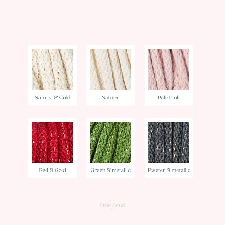 six different color samples of yarn, each labeled with a different color name.