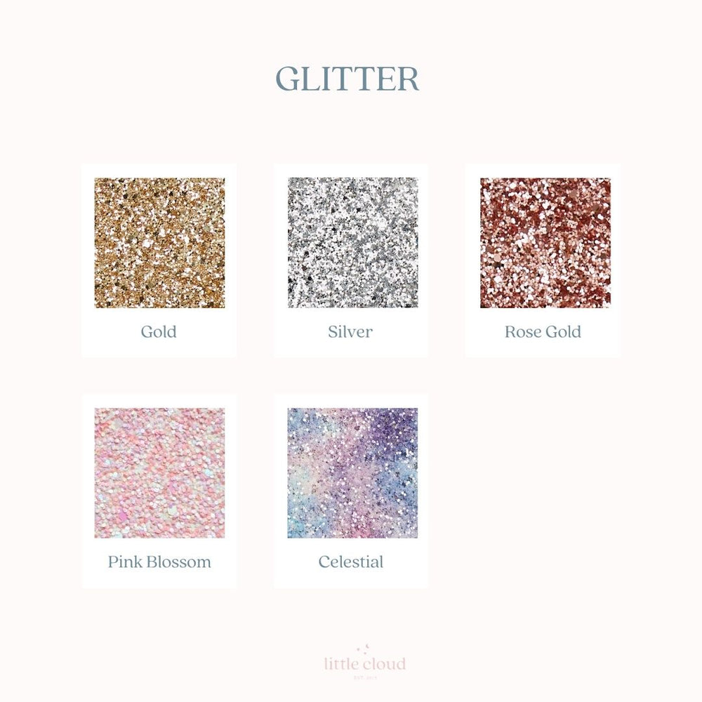 six different glitter colors: gold, silver, rose gold, pink blossoms, celestial, and rose gold. Each color is represented by a square image, and the colors are labeled accordingly.