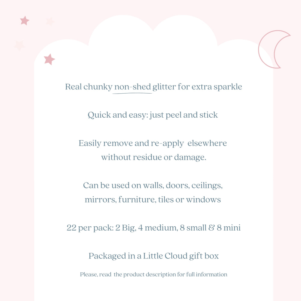 text that provides information about a product called Real chunky non-shred glitter for extra sparkle. It is a quick and easy-to-use glitter that can be applied to walls, doors, ceilings, mirrors, furniture, tiles, or windows. The product is packaged in a Little Cloud gift box, and it is available in a 22-pack. The product description is provided for full information.