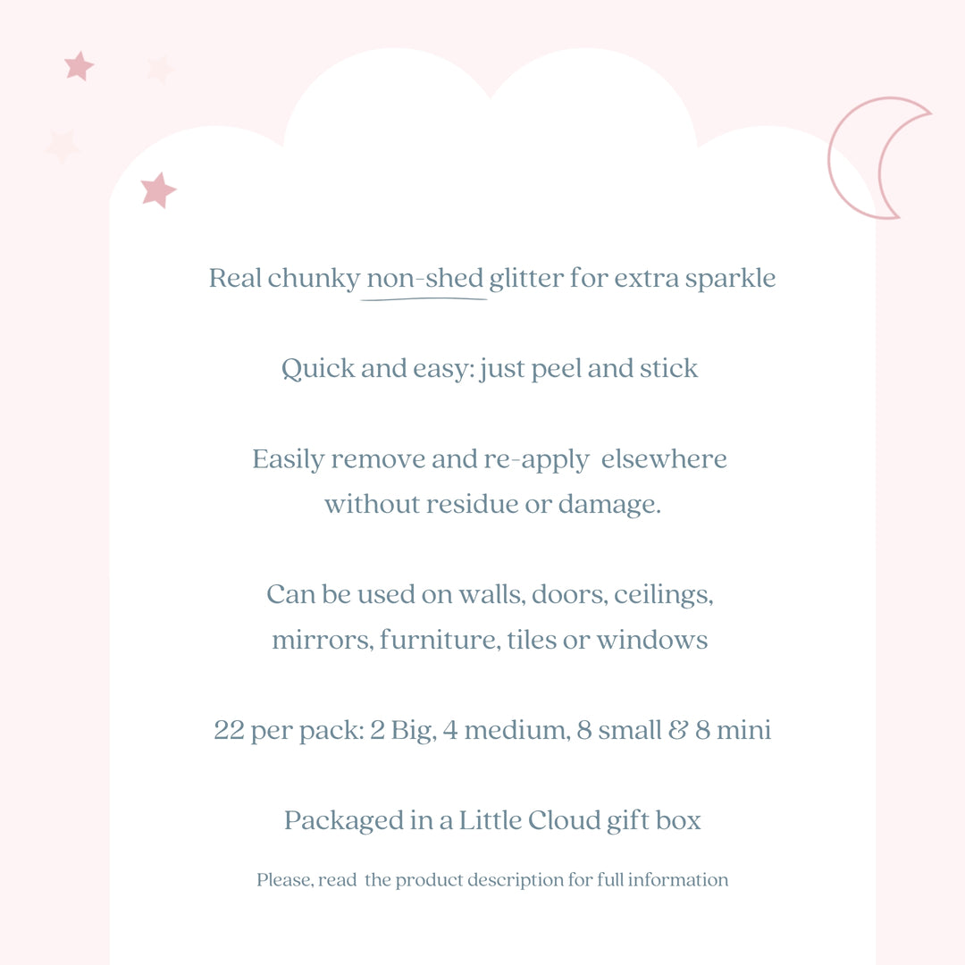 text that provides information about a product called Real chunky non-shred glitter for extra sparkle. It is a quick and easy-to-use glitter that can be applied to walls, doors, ceilings, mirrors, furniture, tiles, or windows. The product is packaged in a Little Cloud gift box, and it is available in a 22-pack. The product description is provided for full information.