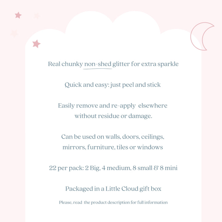 text that provides information about a product called Real chunky non-shred glitter for extra sparkle. It is a quick and easy-to-use glitter that can be applied to walls, doors, ceilings, mirrors, furniture, tiles, or windows. The product is packaged in a Little Cloud gift box, and it is available in a 22-pack. The product description is provided for full information.